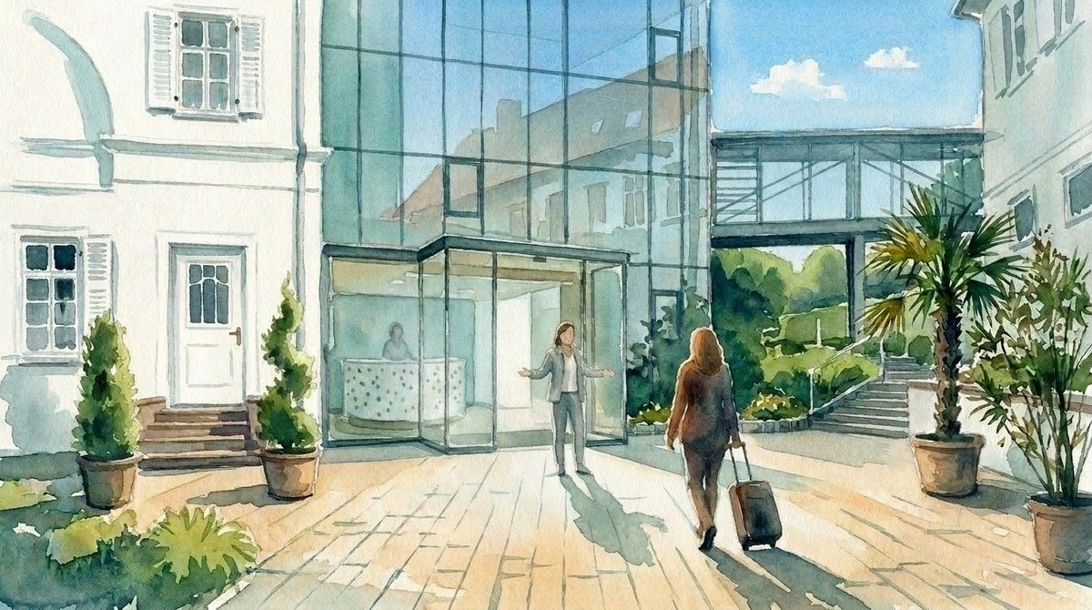 Aquarell: Eine Frau mit Koffer kommt bei Mittagssonne am Haupteingang der Klinik an und wird von einer Mitarbeiterin mit offenen Armen empfangen